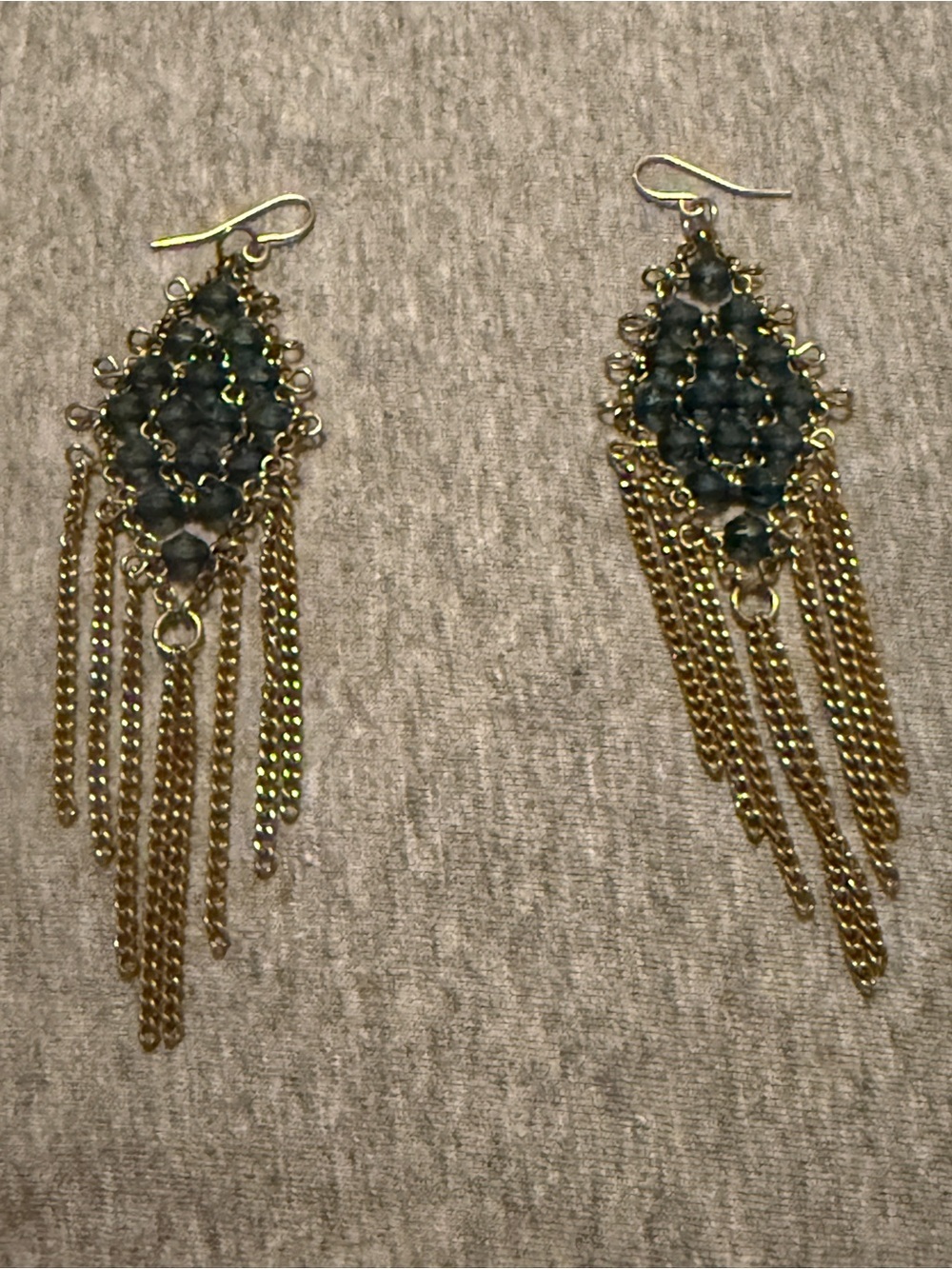 Gold-Tone Fringe Drop Earrings with Blue Beaded Diamond Motif - Picture 4 of 6